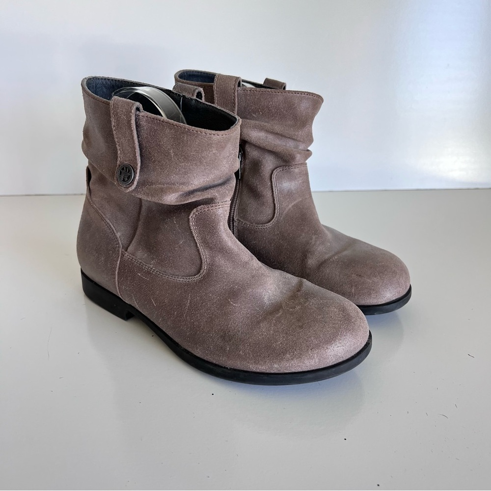 Birkenstock Women's Suede Fold-Over Ankle Boots in Taupe Gray